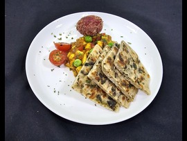 Mint Paratha with Paneer Mattar Bhurji & beetroot cutlet + water